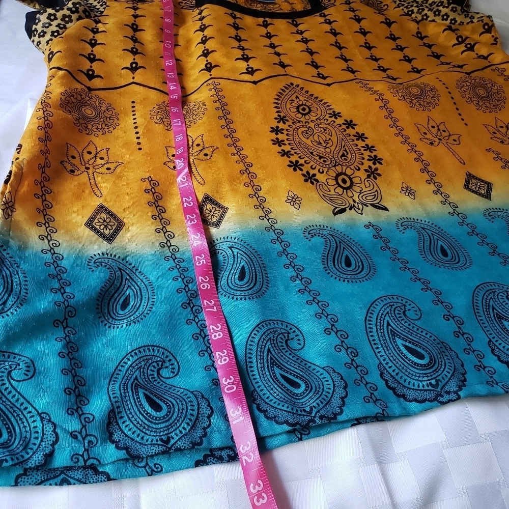 Maple Yellow & Teal Clothing Scoop Neck Short Sleeve Bohemian Top Size 2X - Picture 8 of 10